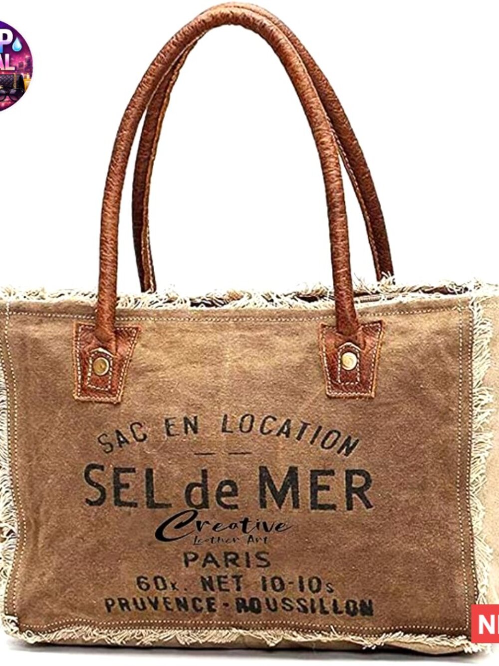 Canvas Tote Bag with Leather Handles, Spacious Everyday Purse